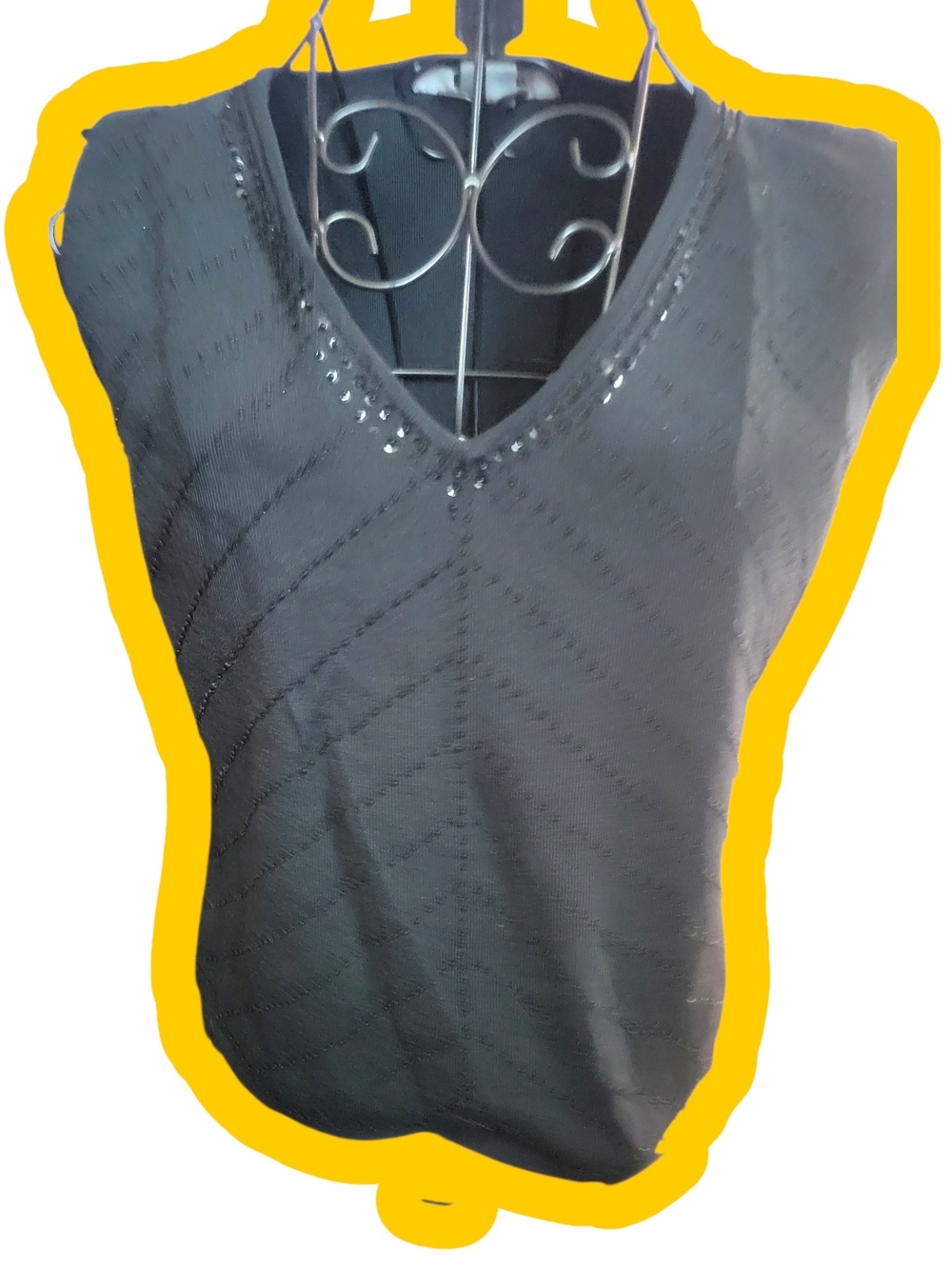 Black V-Neck Sleeveless Tank with Subtle Chevron Texture and Embellished Trim